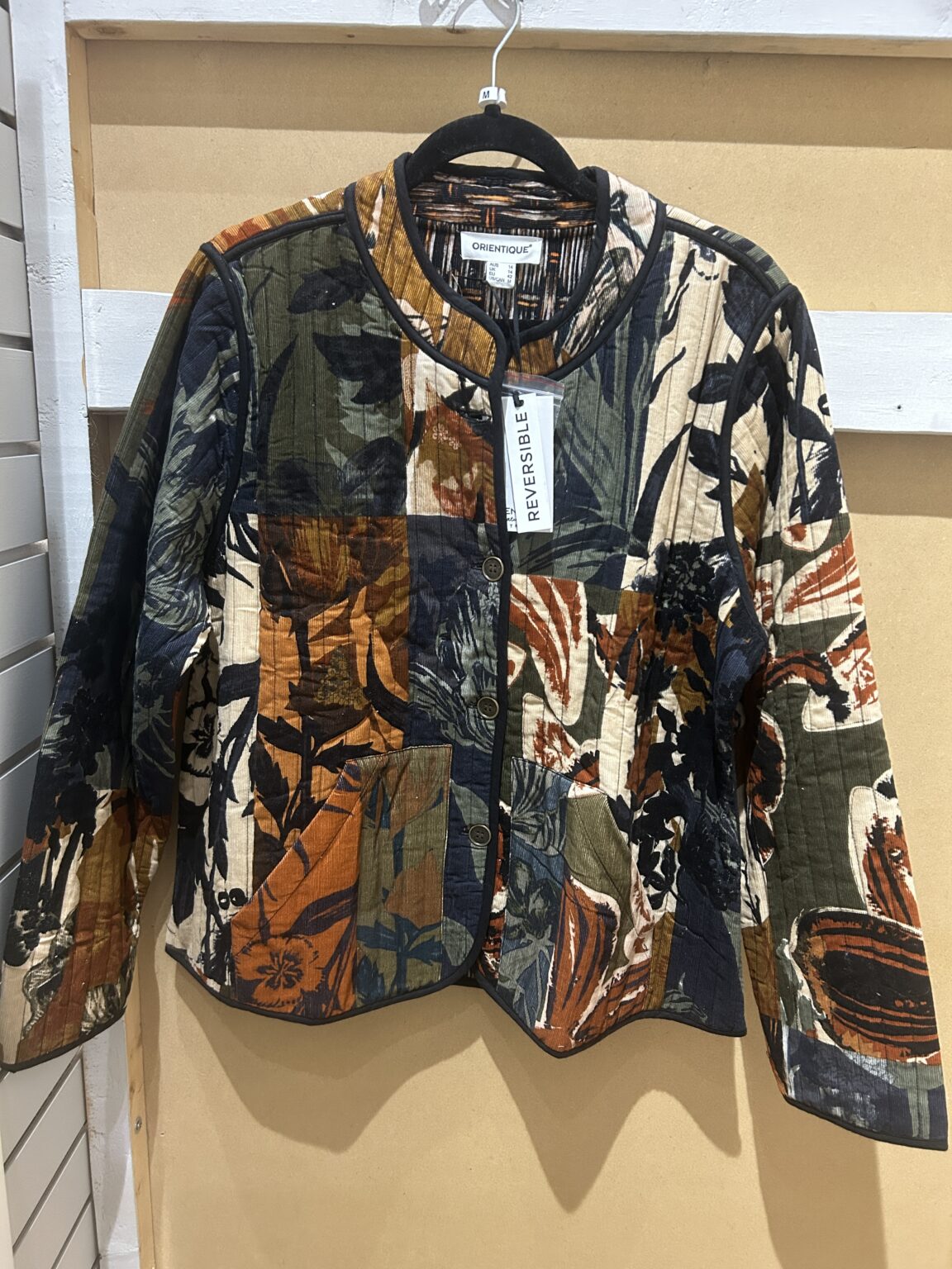 Orientique women's floral patchwork reversible quilted cotton jacket at Beyond Gifts Revelstoke