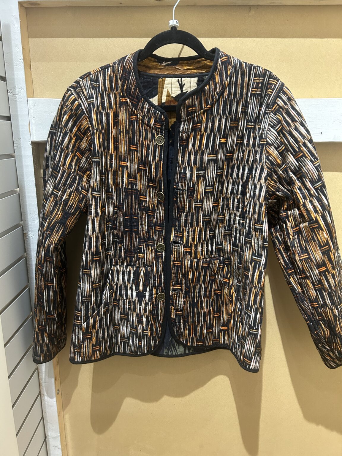 Orientique women's reversible quilted jacket in textured woven print at Beyond Gifts Revelstoke BC