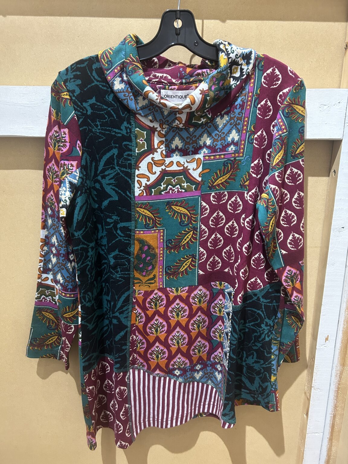 Orientique women's burgundy teal paisley patterned top at Beyond Gifts store Revelstoke BC