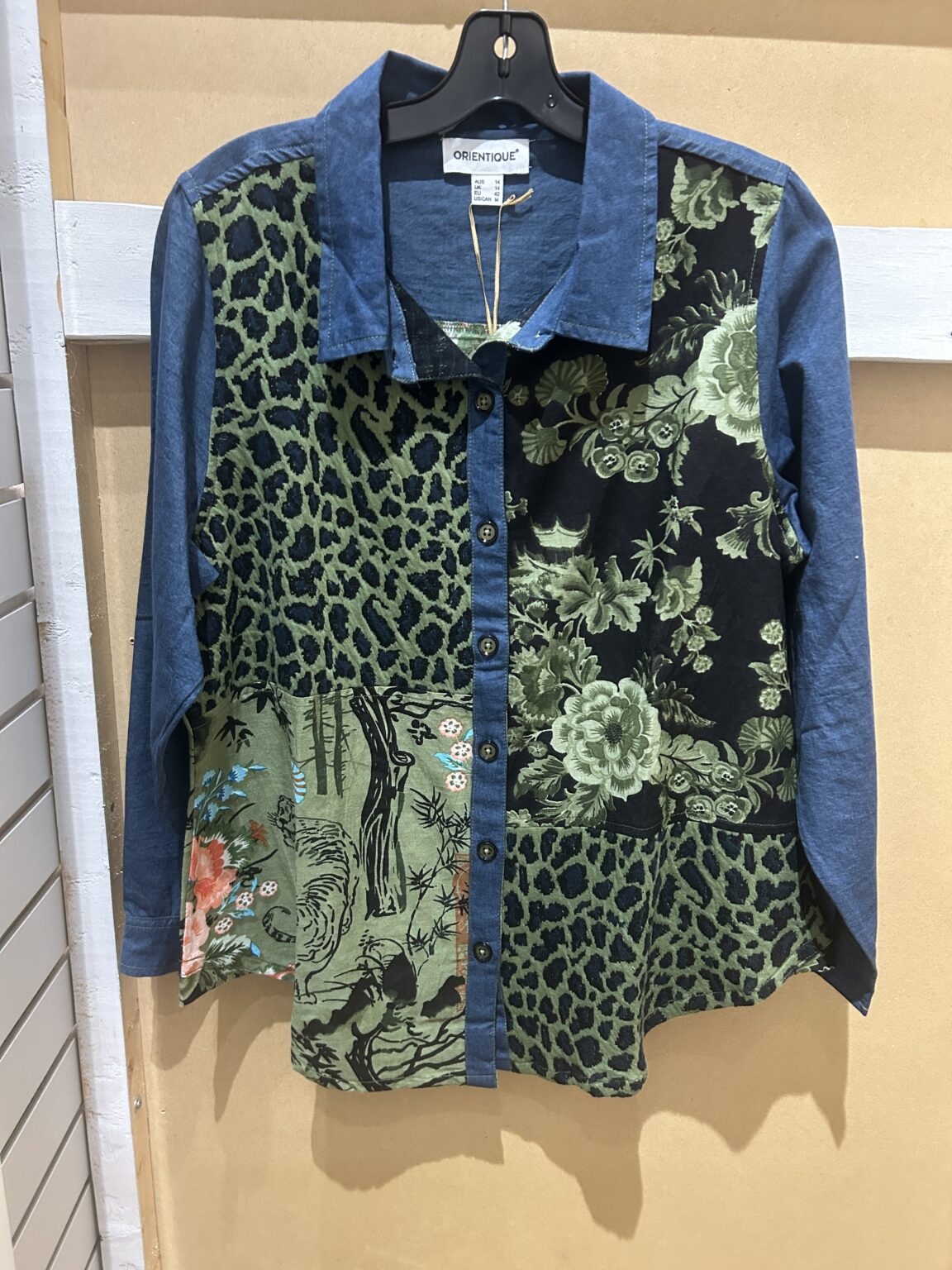Orientique women's denim patchwork long-sleeve top with green floral at Beyond Gifts Revelstoke BC