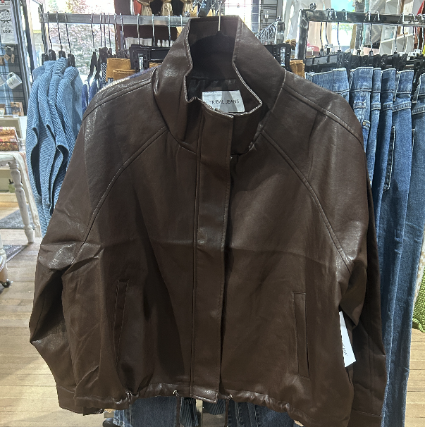 Alt Text: Tribal Jeans women's dark brown faux leather zip jacket at Beyond Gifts boutique Revelstoke BC