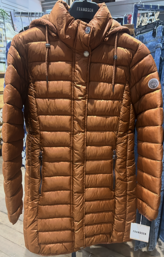 Frandsen women's metallic copper bronze mid-length hooded puffer coat sold at Beyond Gifts Revelstoke